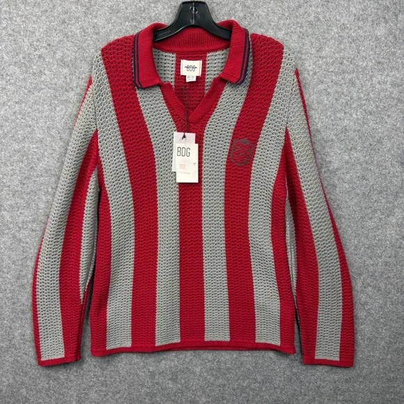 BDG Urban Outfitters Red Grey Striped Open Knit Polo Sweater Womens XS New - Picture 8 of 11